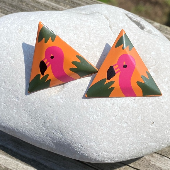 Vintage 80’s Big orange triangle Flamingo earrings - Picture 4 of 6